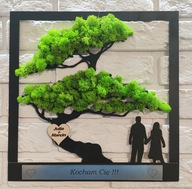 Żywy obraz BONSAI mech CHROBOTEK PREZENT PARA RODZINA SREBRNA TABLICZKA