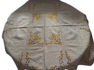 OBRUS LNIANY pięknie haftowany w kwiaty z mereżką 116x130 obniżka