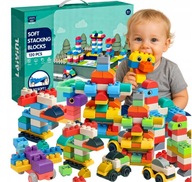 MIĘKKIE KLOCKI GUMOWE SENSORYCZNE KONSTRUKCYJNE XXL DUŻE 120 SZT AUTO 18M+