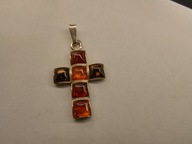 Krzyż srebrny z naturalnymi bursztynami, cudo