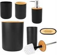 KOMPLET ŁAZIENKOWY 6w1 CZARNY ZESTAW ZE SZCZOTKĄ DO WC DOZOWNIKIEM I KOSZEM