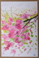POCZTÓWKA - RÓŻOWE KWIATY na wiosennej gałązce, namalowała LILI, karnet