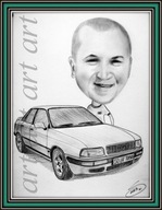 Karykatura a4- 1 osoba na prezent ze zdjęcia na urodziny dla amatora AUDI