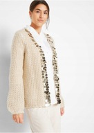 Tanio !_NOWY 219zł STYLOWY beżowy kardigan_ZŁOTE cekiny_WYGODNY akryl 44/46