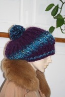 CZAPKA z pomponem BERET RĘKODZIEŁO MOHER TURKUS sliwka