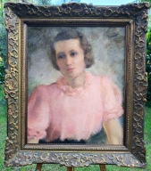 Rogy Georges – Portret kobiety obraz olejny w zdobionej ramie. Art Deco