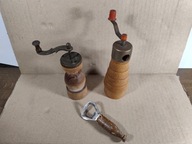 2x drewniany stary młynek do pieprzu + otwieracz do butelek PRL