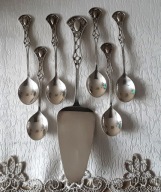 Stary, dekoracyjny zestaw do tortu, ciasta - szufelka + 6 lyzeczek