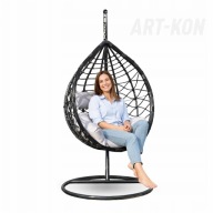 Fotel wiszący ogrodowy kokon czarny z poduszkami gruby splot 150 kg