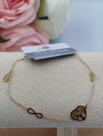 Złota bransoletka celebrytka serce, znak nieskończoności, stal 316L