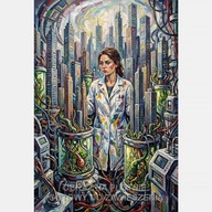 Kobieta doktor laboratorium abstrakcja wieżowce miasto obraz płótno 58x85