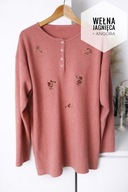 Różowy sweter z wełny jagnięcej i angory naszywki z cyrkoniami XL vintage