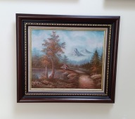 Piękny obraz olejny pejzaż górski z chatką nad wodą duży 82cm/72cm - 1z2 A