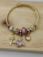 Złota bransoletka typu charms serce, klucz drzewo życia skrzydła stal 316 L