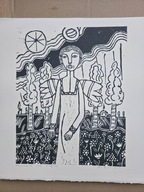 Anioł na łące. 24 × 30 cm. 2025 r. (linoryt)