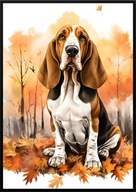 A2 59,4x42 PLAKAT OBRAZ PIES BASSET PIES GOŃCZY JESIEŃ AKWARELA