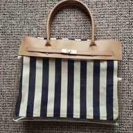 Torba damska karmelowa typu shopper w paski biało-granatowe