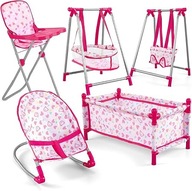 DEAO ZESTAW 5W1 DLA LALEK: ŁÓŻECZKO, KRZESEŁKO, HUŚTAWKA, FOTEL