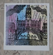 Zamojski Ratusz. 30 × 30 cm. 2025 r. (linoryt kol.)