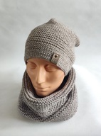 Komplet ręcznie robiony na drutach, beżowy melanż.