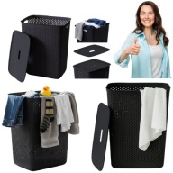 KOSZ NA PRANIE DUŻY CZARNY PLASTIKOWY Z POKRYWĄ POKRYWKĄ UCHWYTAMI 60L