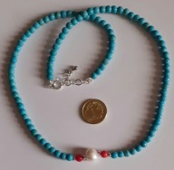 Retro*howlit turkusowy, biała, słodkowodna perła, koral czerwony,srebro925