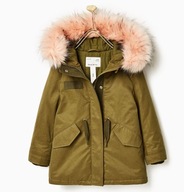 Ciepła Parka Khaki z Różowym Futrem ZARA r. 128 cm