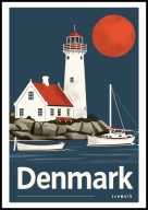 A2 KOLOROWY PLAKAT OBRAZ DANIA DENMARK, LATARNIA MORSKA, VINTAGE RETRO