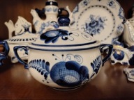 Gżel Cukiernica porcelana malowana kobaltem wys. 12 cm ZSRR