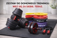 ZESTAW DO ĆWICZEŃ HANTLE 20KG GUMY OPOROWE SKAKANKA AB ROLLER MATA + GRATIS