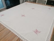 LNIANY HAFTOWANY OBRUS WYKOŃCZONY BAWEŁNIANĄ KORONKĄ 135 x 150 nr.5