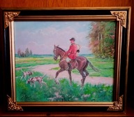 NA POLOWANIU- PIĘKNY,DUŻY OBRAZ OLEJNY NA PŁÓTNIE 62X52 -J.KOSSAK