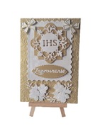 ZAPROSZENIA KOMUNIA UNIWERSALNE IHS W RAMCE KOKARDY B6 ZŁOTO – BIEL