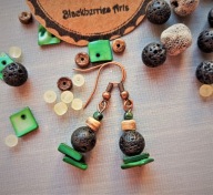 ETNO kolczyki zielona masa perłowa czarna lawa drewno kokos BlackberriesArt