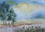 Akwarela Sabina Salamon 27x38pejzaż słońce o świcie