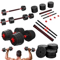 ZESTAW HANTLI BITUMICZNYCH REGULOWANYCH ZE SZTANGA DO ĆWICZEŃ 20KG 3W1