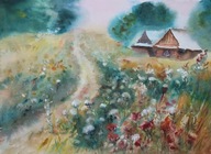 Łąka na wsi pejzaż Akwarela Sabina Salamon 28x38