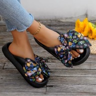 SHEIN CZARNE KLAPKI CASUAL Z KOKARDĄ W FLORALNY WZÓR
