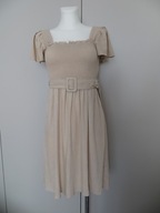 Beżowa lniana sukienka z krótkim rękawem S/M Rose Boutique z paskiem