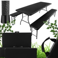 Duży Stół Ogrodowy Składany Cateringowy Czarny 180 cm + 2 Ławki Walizka