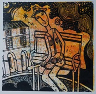 Gitarzysta. 30 × 30 cm. 2025 r. (linoryt kol.)