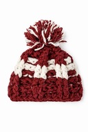 Bordowo-kremowa czapka handmade zimowa wełniana z dużym pomponem