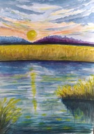 Akwarela, pejzaż nad jeziorem