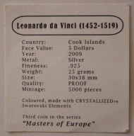 CERTYFIKAT DO MONETY 5 $ COOK ISLANDS 2009 Leonardo da Vinci DAMA z ŁASICZK