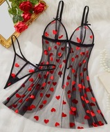 Czarna koszulka nocna z czerwonymi sercami, stringi Seksowna bielizna 34 XS