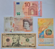 Zestaw Banknotów 10 Euro Dolarów Funtów Franków UE USA Anglia Szwajcaria