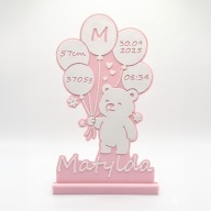 Personalizowana Metryczka 3D Miś Prezent na Narodziny Chrzest Urodziny Pink