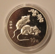 ROK MYSZY, SZCZURA - CHIŃSKI ZNAK ZODIAKU - 10 YUAN CHINY, POSREBRZANY