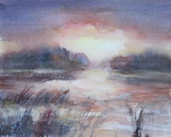 Zachód słońca nad stawem Akwarela Sabina Salamon 30x24