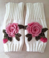 RĘKAWICZKI ocieplane zima vintage RETRO odkryte palce mitenki RÓŻE ROSE 3D